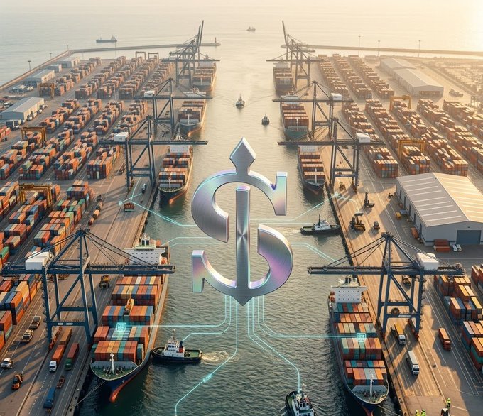 An AI-generated or digital art image depicting a port with shipping containers and cranes, overlaid with a large, glowing 3D dollar sign in the center.