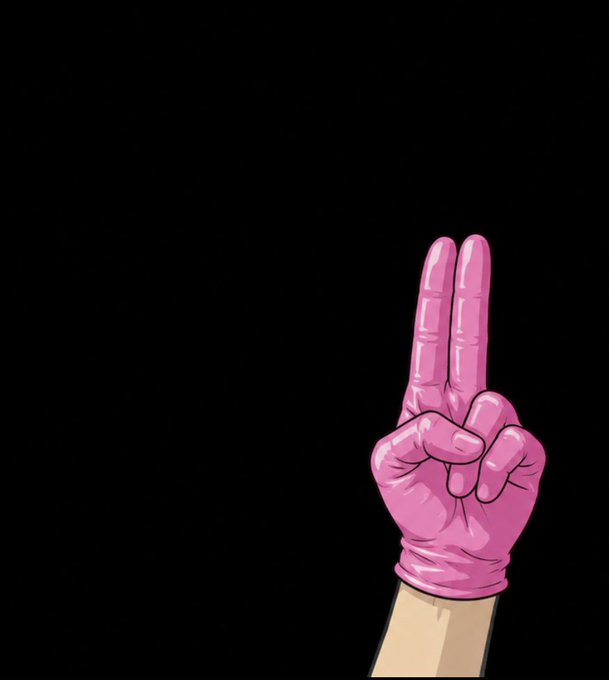 A cartoon-style illustration shows a pink-gloved hand extending from the bottom right corner, making a "finger gun" gesture with the index and middle fingers raised against a black background. The image visually represents the "Finger Blaster 6000™" mentioned in the caption, humorously threatening readers to use a referral link or face this menacing gesture.