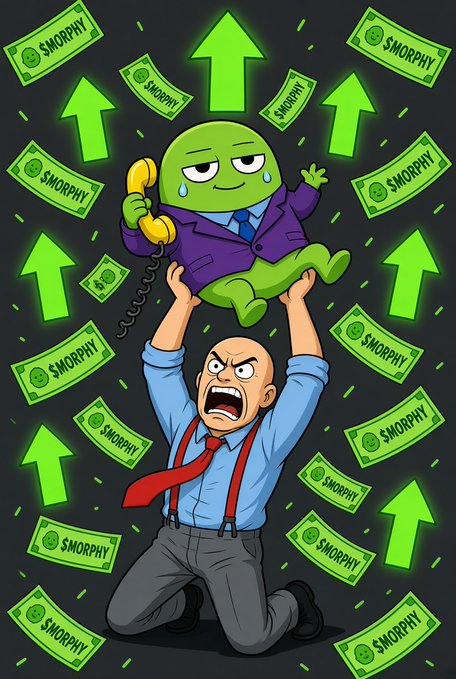 A cartoon illustration depicts an angry bald man in a blue shirt and red tie lifting up a sweating, reluctant green character in a purple suit on a telephone, surrounded by green money bills labeled '$MORPHY' and upward arrows.