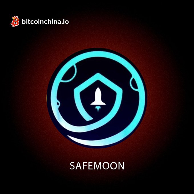 A promotional graphic for 'SAFEMOON' features its rocket ship shield logo on a dark red background with a 'bitcoinchina.io' watermark in the top corner.