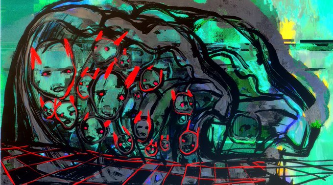 A surreal, dark digital artwork featuring a large, segmented hand with multiple doll-like faces embedded in it, set against a teal background.