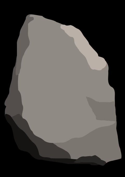 A simple digital illustration of a gray rock with darker shading against a solid black background.