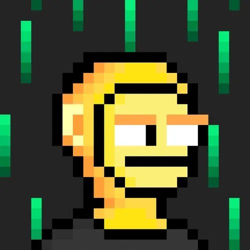 A pixel art portrait of a yellow-skinned character with half-lidded eyes and a flat expression, wearing headphones, set against a dark background with falling green pixel bars. The artwork fits the post's theme of crypto/NFT-style "monke" character art, presented in a nostalgic 8-bit aesthetic reminiscent of classic video games.