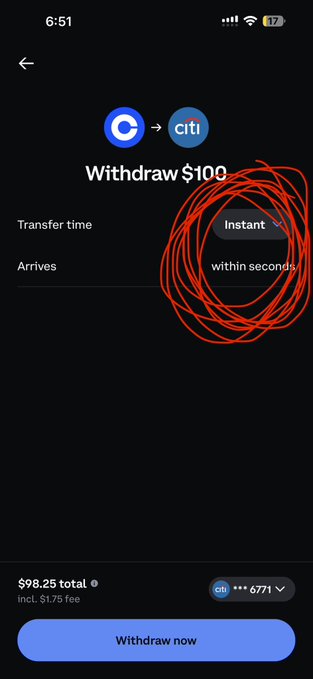The image shows a Coinbase withdrawal screen for $100 from C to ctl, with "Instant" circled in red highlighting the default transfer setting, which incurs a $1.75 fee on a $98.25 total. This directly illustrates the post's complaint about Coinbase's shady default of instant withdrawals to charge customers extra fees rather than using the free standard option.