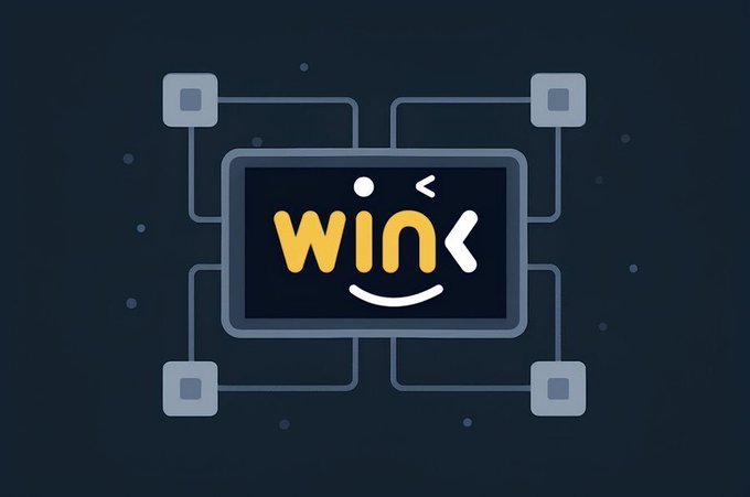A digital logo graphic featuring the word 'win' in yellow stylized text with a smiley face design, displayed on a dark monitor connected by circuit-like lines to four corner squares.