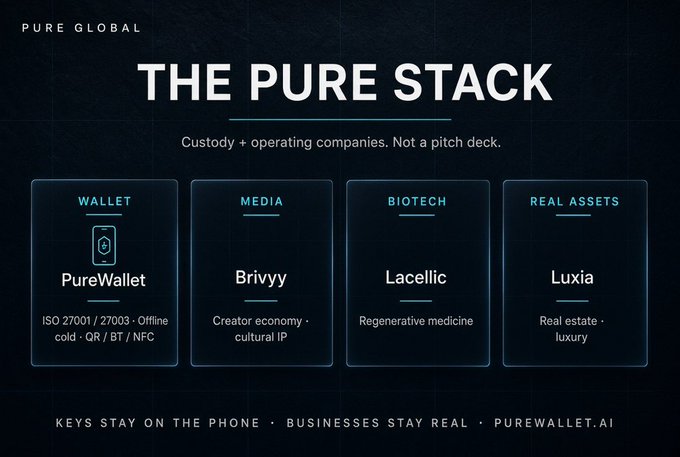 'Pure Global' infographic titled 'THE PURE STACK' with subtitle 'Custody + operating companies. Not a pitch deck.' featuring four categories: Wallet (PureWallet), Media (Brivvyy), Biotech (Lacellic), and Real Assets (Luxia), with tagline 'KEYS STAY ON THE PHONE · BUSINESSES STAY REAL · PUREWALLET.AI'.
