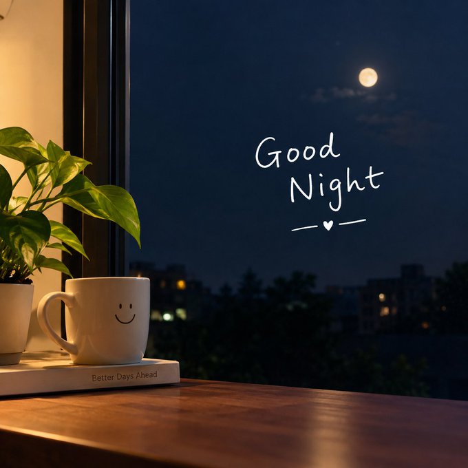 A nighttime window scene with a smiling mug, potted plant, and book ("Better Days Ahead") on a wooden surface, looking out at a full moon over a cityscape with "Good Night" and a heart symbol written in white.