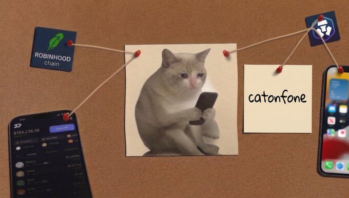A corkboard displays a network of red pins and strings connecting images, including a 'ROBINHOOD chain' logo, a cat holding a phone, a note reading 'catonfone', and smartphone screens.
