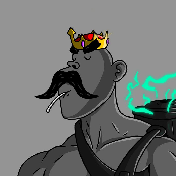 A digital drawing of a gray-skinned, muscular figure with a large mustache, wearing a gold crown and exhaling green smoke.