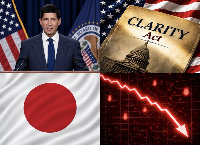 A four-panel image featuring Kevin O'Leary at a Federal Board podium, the Clarity Act document with a US flag, the Japanese flag, and a red downward-trending chart indicating market decline.
