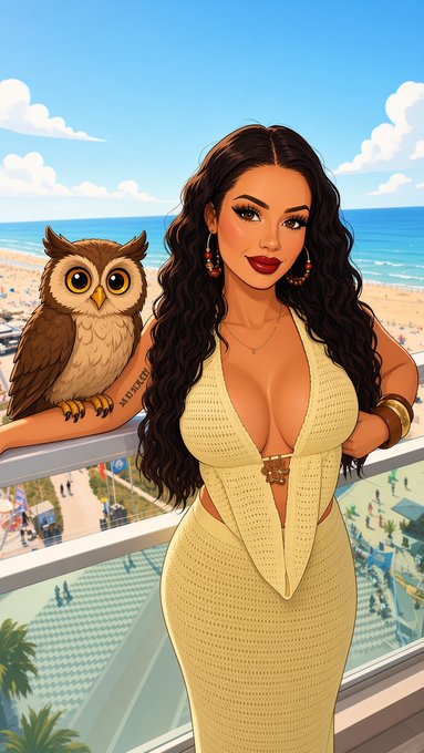 An illustrated portrait of a dark-haired woman in a yellow knit dress standing beside a cartoon owl, overlooking a sunny beach.