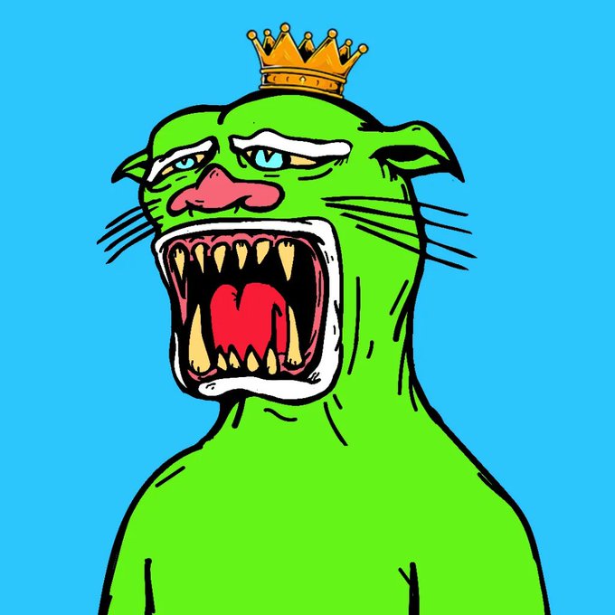A crude digital drawing of a green, cat-like figure with a pink nose, sharp teeth in an open mouth, and a gold crown on its head against a bright blue background.