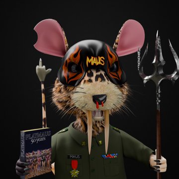 A 3D rendered anthropomorphic mouse character in military uniform, holding a trident and a book titled 'Marines 50 years', with 'MAUS' written on its forehead.