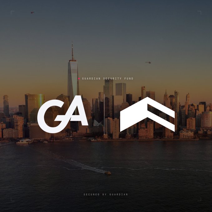 A graphic design over a cityscape skyline features logos and text reading "GUARDIAN SECURITY FUND" and "SECURED BY GUARDIAN."