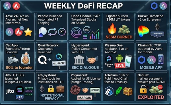 A "Weekly DeFi Recap" infographic highlighting key developments including Aave V4's Avalanche launch, Ondo Finance's 24/7 tokenized stocks on Solana, $36M in LIT tokens burned by Lighter, Pendle's automated PT looping, Plasma One going live on Android, Polymarket securing a US License, and Ostium losing $23M+ to an exploit. The graphic visually reinforces the accompanying post's emphasis on Solana ecosystem momentum, RWA growth, and major protocol upgrades shaping this week's DeFi capital flows.