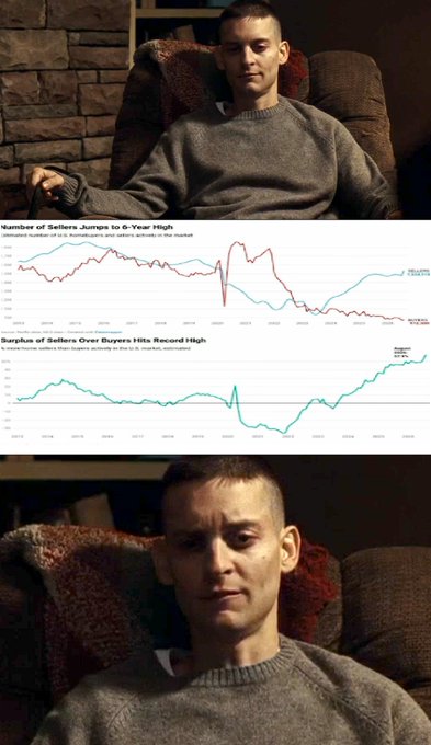 A meme-like image of a man seated in an armchair includes charts labeled “Number of Sellers Junga 6 & Over High” and “Surplus of Sellers Over Buyers Hits Record High.”
