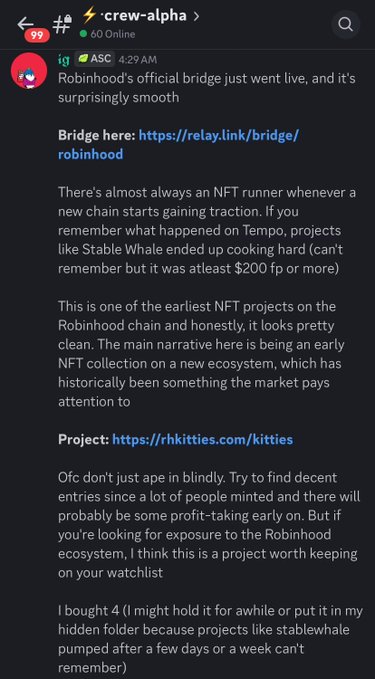 Screenshot of a Discord message in the crew-alpha channel from user 'IG' discussing Robinhood's official bridge launch and an early NFT project on the Robinhood chain, linking to rhkitties.com/kitties.