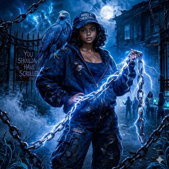 A digital artwork portrays a young woman wearing a 'WEB3 X CREATORS' cap and holding glowing blue lightning chains, accompanied by a bird and a sign reading 'YOU SHOULDN'T HAVE SCROLLED'.