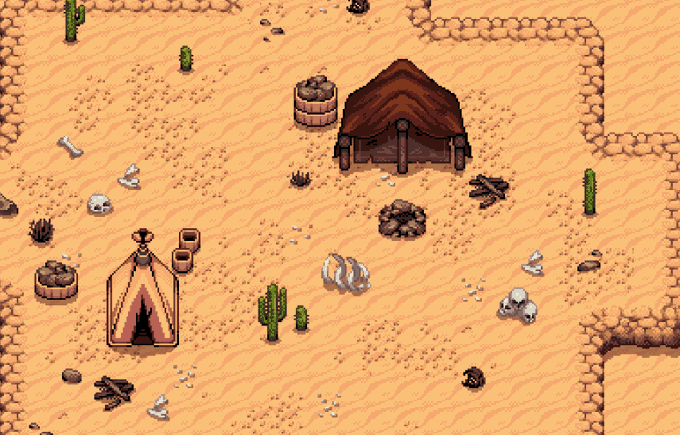 A pixel-art top-down view of a desert campsite with a tent, small shelter, well, campfire, scattered bones, cacti, and barrels in a sandy area bordered by stone paths.