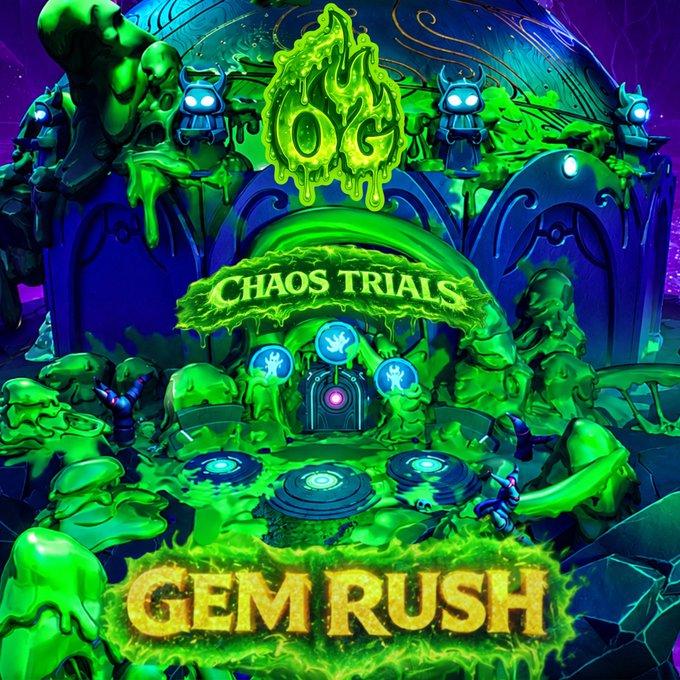 Vibrant, stylized digital artwork for a game promotion featuring the words "CHAOS TRIALS," "GEM RUSH," and "OG" in glowing green slime textures, with a dark arcade-like structure surrounded by glowing green skulls.