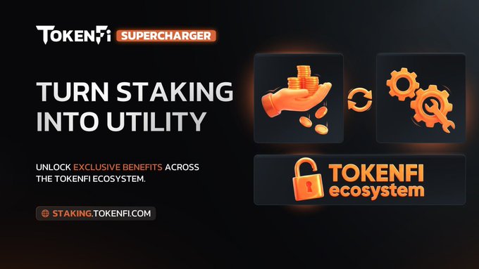 The image features a poster or banner with an orange background and black text. The main focus of the image is a hand holding a stack of money, symbolizing the concept of turning staking into utility. Below this central image, there are three icons representing different aspects of the TokenFi Supercharger platform - a lock, a gear, and a coin. These icons emphasize the connection between staking and real-world utility, showcasing how users can benefit from the platform by actively participating in its ecosystem. The text at the bottom of the image reads "TokenFi Supercharger connects staking to real utility. Locked $TOKEN unlocks access to launches, enhanced rewards, and ecosystem perks that are reserved for participants actively supporting the platform over time".