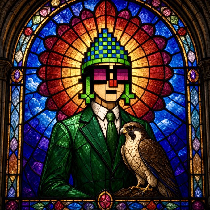 A stained glass window depicts a stylized figure with a pixelated green hat and sunglasses, wearing a green suit and holding a falcon, set against a vibrant rainbow background.