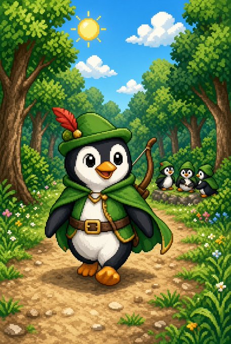 A cartoon illustration of a penguin dressed as Robin Hood in a green tunic and feathered hat, carrying a bow on a forest path with other smaller penguins and a sun in the background.