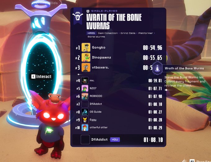 A game leaderboard for 'Wrath of the Bone Worms' (Single-Player), showing top times with 'Gongko' in first place, alongside a small red creature and a portal in a desert environment.