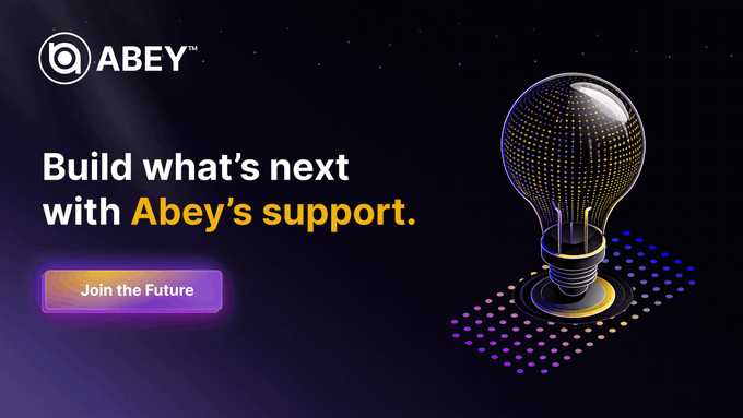 A promotional graphic for 'ABEY' features the text 'Build what's next with Abey's support' and a 'Join the Future' button next to a 3D illustration of a lightbulb made of golden dots.