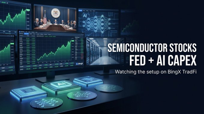 Promotional graphic for BingX TradFi with text "SEMICONDUCTOR STOCKS FED + AI CAPEX - Watching the setup on BingX TradFi" over images of trading monitors and AI chips.