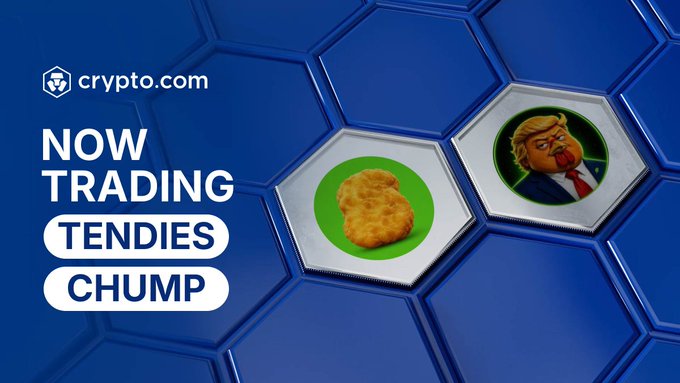 The promotional image shows that crypto.com is now trading "TENDIES" and "CHUMP," the two meme coins referenced in the post. The image relates to the poster's surprise and confusion about how their meme coin project secured a Tier 1 exchange listing without the typical FOMO verification process that often takes longer.