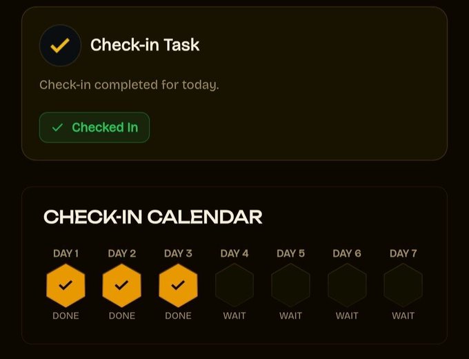 A Check-in Task interface showing 'Check-in completed for today' with a 7-day check-in calendar, where Days 1-3 are marked Done and Days 4-7 are marked Wait.