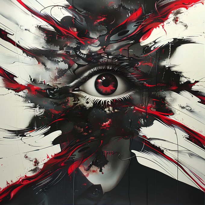 A dark, abstract artistic illustration of a single realistic eye surrounded by swirling red, black, and white paint-like strokes and splatters.