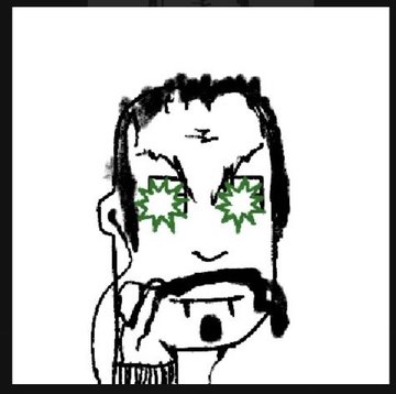 A black-and-white meme-style drawing of a wojak character with dollar signs in his eyes holding a phone, representing greed for money.