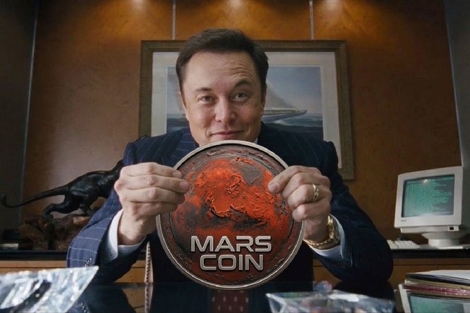 The image appears to be an AI-generated or heavily edited photo depicting a man resembling Elon Musk in a suit, smiling while holding a large reddish coin labeled "MARS COIN" in front of him. The accompanying post jokes about a novelty "Marscoin" item, and the fabricated image is clearly a humorous visual exaggeration playing on the caption's sarcastic tone about a speculative crypto concept, with no real person or legitimate product actually being endorsed.