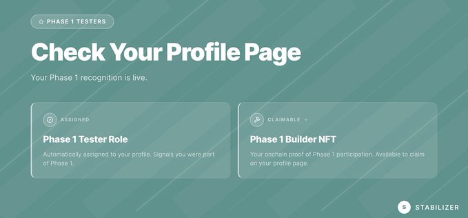 The image shows a teal-colored promotional banner for Stabilizer's "Phase 1 Testers" with the headline "Check Your Profile Page," announcing that Phase 1 recognition is live. It features two cards: an "Assigned" Phase 1 Tester Role that is automatically added to profiles, and a "Claimable" Phase 1 Builder NFT serving as onchain proof of participation, directing users to app.stabilizer.finance/profile.