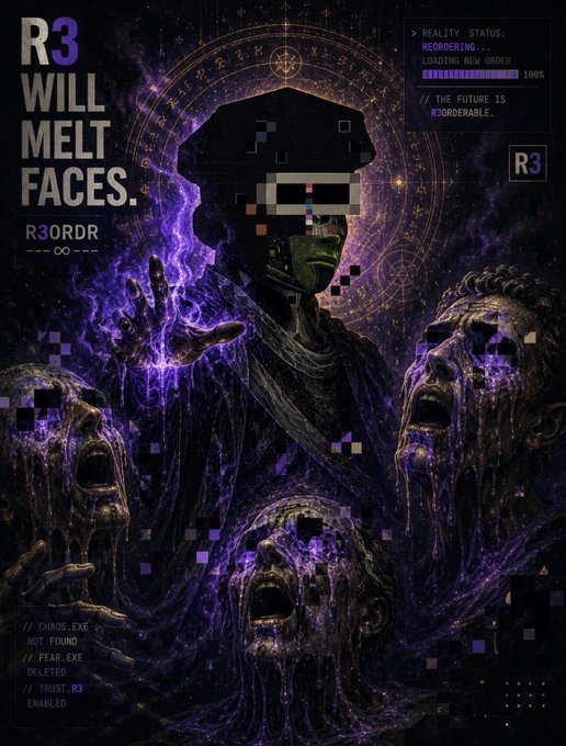 A dark fantasy-style poster featuring a green-skinned figure with a glitched/pixelated face, surrounded by screaming melting faces with text reading 'R3 WILL MELT FACES' and 'R30RDR' alongside tech-style UI elements.