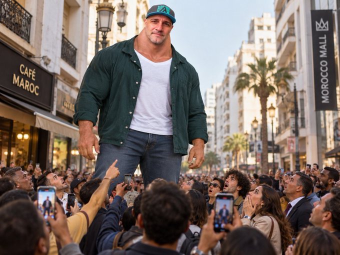 A giant man in a green shirt and white undershirt towers over a crowd of people taking photos in a city street near a "MOROCCO MALL" sign and "CAFÉ MAROC".