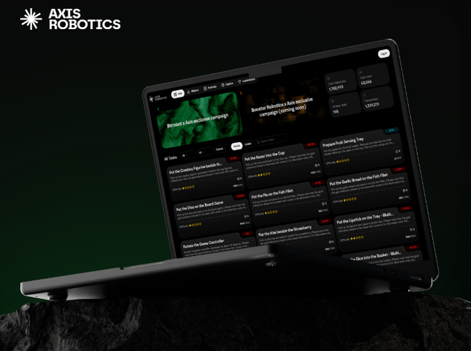 A mockup of the Axis Robotics website displayed on a tablet against a dark background, featuring a dark-themed interface with various task listings.
