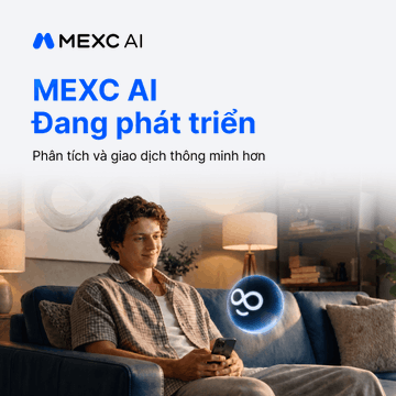 The image is a MEXC AI promotional graphic featuring a young man relaxing on a couch while looking at his phone, alongside an AI assistant icon. The text reads "MEXC AI - Đang phát triển" (Developing) with the tagline "Phân tích và giao dịch thông minh hơn" (Smarter analysis and trading), promoting tools like Radar AI and strategy features that align with the post's focus on AI-powered market analysis and trading assistance.