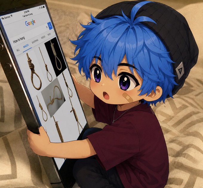 An anime-style illustration shows a blue-haired character holding up a large smartphone displaying a Google Images search for "how to hang," with various noose images visible on the screen.