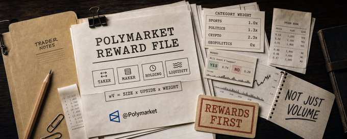 The image shows various items related to Polymarket trading, including papers, books, and other documents. The text "Polymarket Reward File" is visible, indicating that this is an item from the reward file. The image also includes a note about the rewards system in farming, which suggests that it might be related to agricultural practices or trading within the farming community.

The post's title reads "Most people still think farming @ Polymarket means generating as much volume as possible. That is already outdated." This statement implies that there are different opinions on how to approach farming using Polymarket trading methods, and the post aims to discuss these differing perspectives. 

Lastly, a note about the rewards system in farming can be seen, which might provide insights into how the reward file could be applied within the agricultural context.