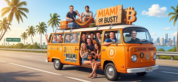 An illustrated scene of an orange VW-style van labeled 'BTC MIAMI CRYPTOVERSE' with a 'MIAMI OR BUST!' Bitcoin sign on top, carrying several people on a road with palm trees.
