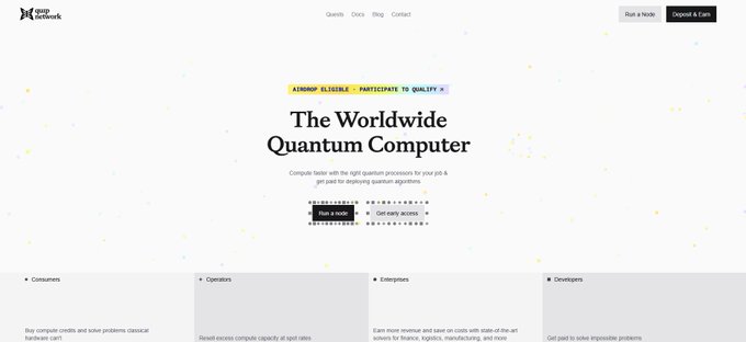 The image shows a website called "The Worldwide Quantum Computer" with a white background, black text, and yellow stars scattered throughout. The website appears to be a platform for computing and networking, possibly related to quantum computing or network security. It is designed in such a way that it allows users to easily navigate through the content by clicking on different areas of interest. The post about GM GM! Good Morning. Integrating network security with real time performance evaluation, @quipnetwork utilizes a technical staking architecture that continuously tests and optimizes cryptographic algorithms. This ensures that the website remains secure while providing users with valuable information and insights into the world of quantum computing or network security.