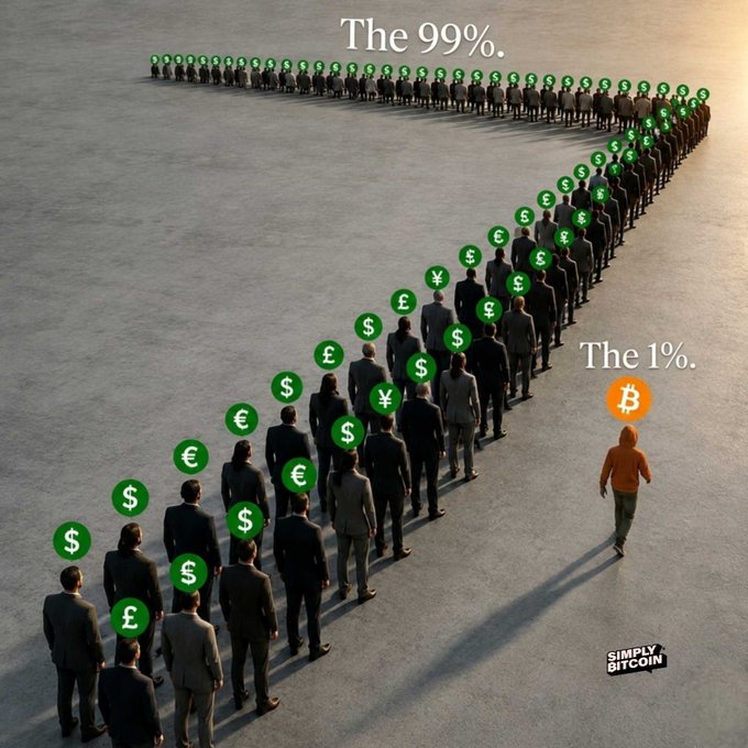 A Simply Bitcoin meme depicting a long line of suited figures labeled 'The 99%' with green currency symbols, while a single hooded figure labeled 'The 1%' walks away with a Bitcoin symbol.