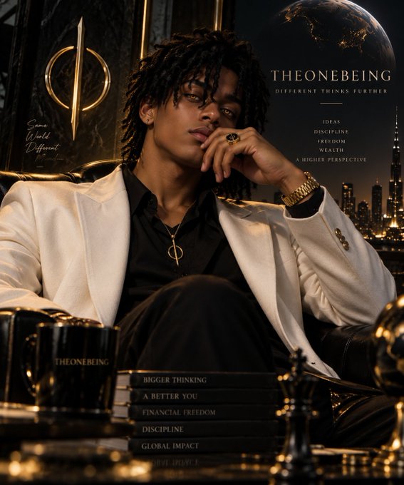 A stylized promotional graphic titled 'THEONEBEING' features a young man in a white suit jacket, with text highlighting themes like 'Discipline,' 'Freedom,' and 'Wealth.'