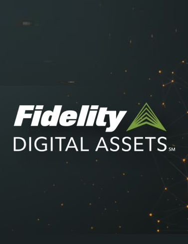 The image displays the "Fidelity Digital Assets" logo with its signature green triangular emblem on a dark background with network node graphics. It relates to the post as branding for Fidelity Digital Assets, the firm making the bullish Bitcoin breakout prediction amid record low volatility.