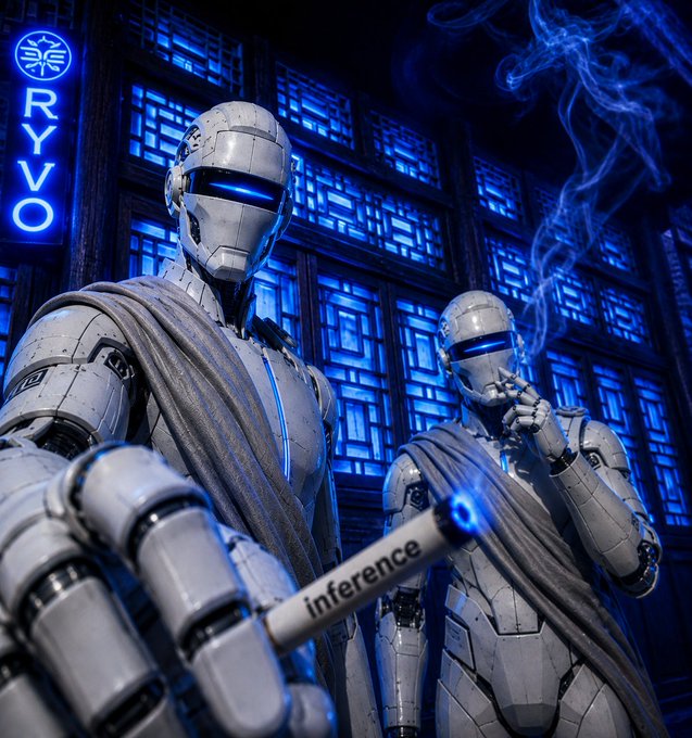 Two white robotic figures in togas, one holding a device labeled 'Inference,' set against a blue-lit wall with smoke and a neon 'CRYVO' sign.