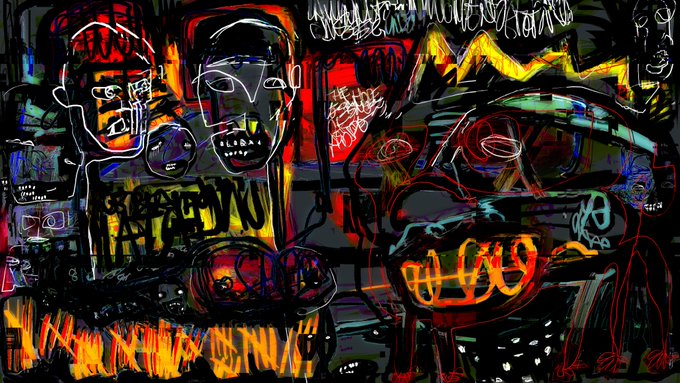 An abstract, chaotic digital artwork featuring crude line drawings of faces, figures, and graffiti-style text in vibrant red, yellow, green, and black colors.