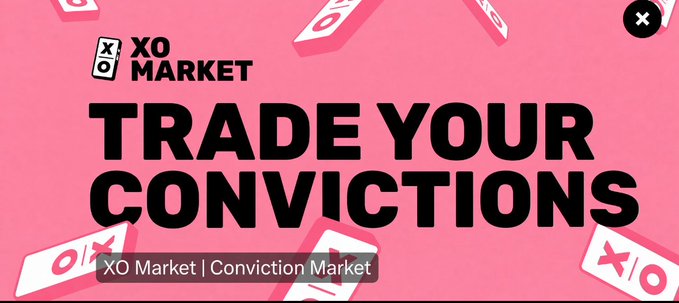 A pink promotional banner for XO Market featuring the tagline "TRADE YOUR CONVICTIONS" with the XO Market logo and tic-tac-toe style tiles scattered across the design, aligning with the announcement of XO 2.0's expansion into user-generated prediction markets beyond traditional mainstream offerings.